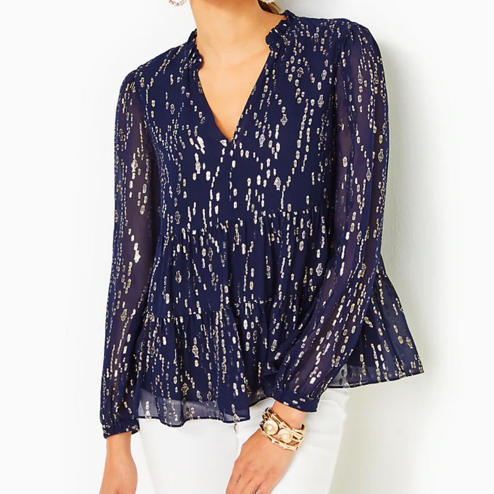 Lilly Pulitzer Sarita Long Sleeve Silk Top True Navy Fish Clip Chiffon
